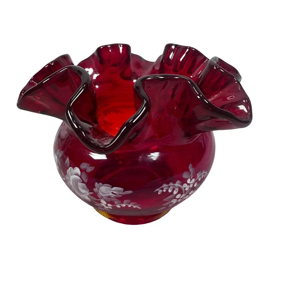 Fenton Ruby Red Glass Ruffled Rose Bowl Painted White Roses Sue Foster Glows UV